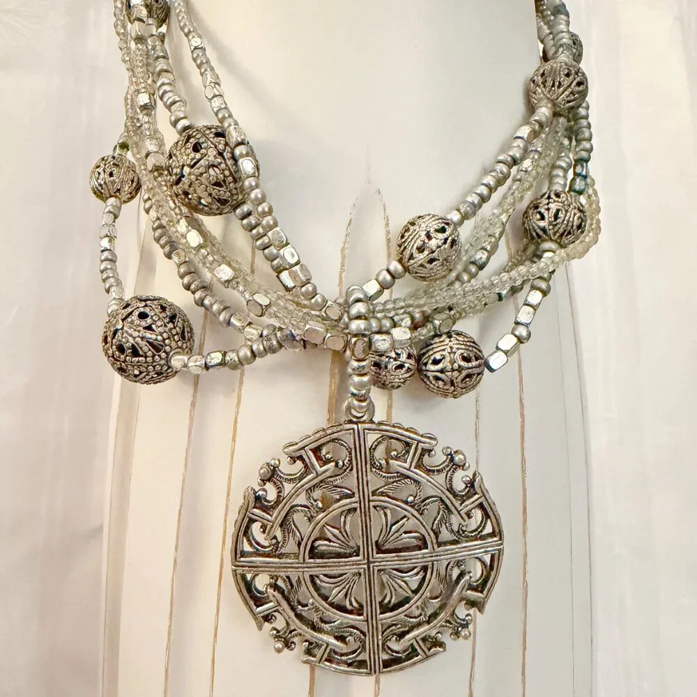 Vintage Inspired Silver Filigree Statement Necklace Multi-Strand Boho Medallion - Picture 5 of 8